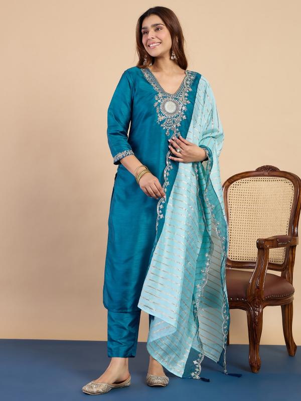 VP 9839 T Women’s Floral Embroidery Silk Straight Kurta Pant with Chanderi Dupatta 3pc Set